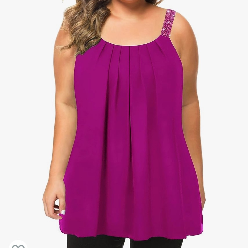 MANER Women's Plus Size Cami Casual Pleated Chiffon Tank Top Beaded Strap